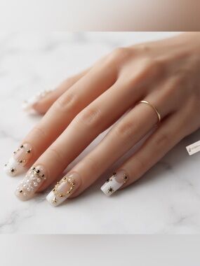 Custom Press On Nails | Elegant French Tip w/ Gold Tips | Size Medium